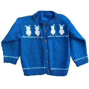 Vtg Hand Knit Bunny Cardigan Sweater Size 18mnthsLight Staining READ DESCRIPTION